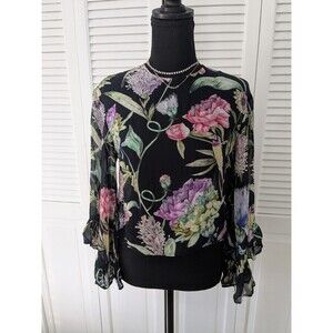 H&M Blouse Women's 6 Black Purple Green Sheer Floral Birds Top Romantic Ruffles